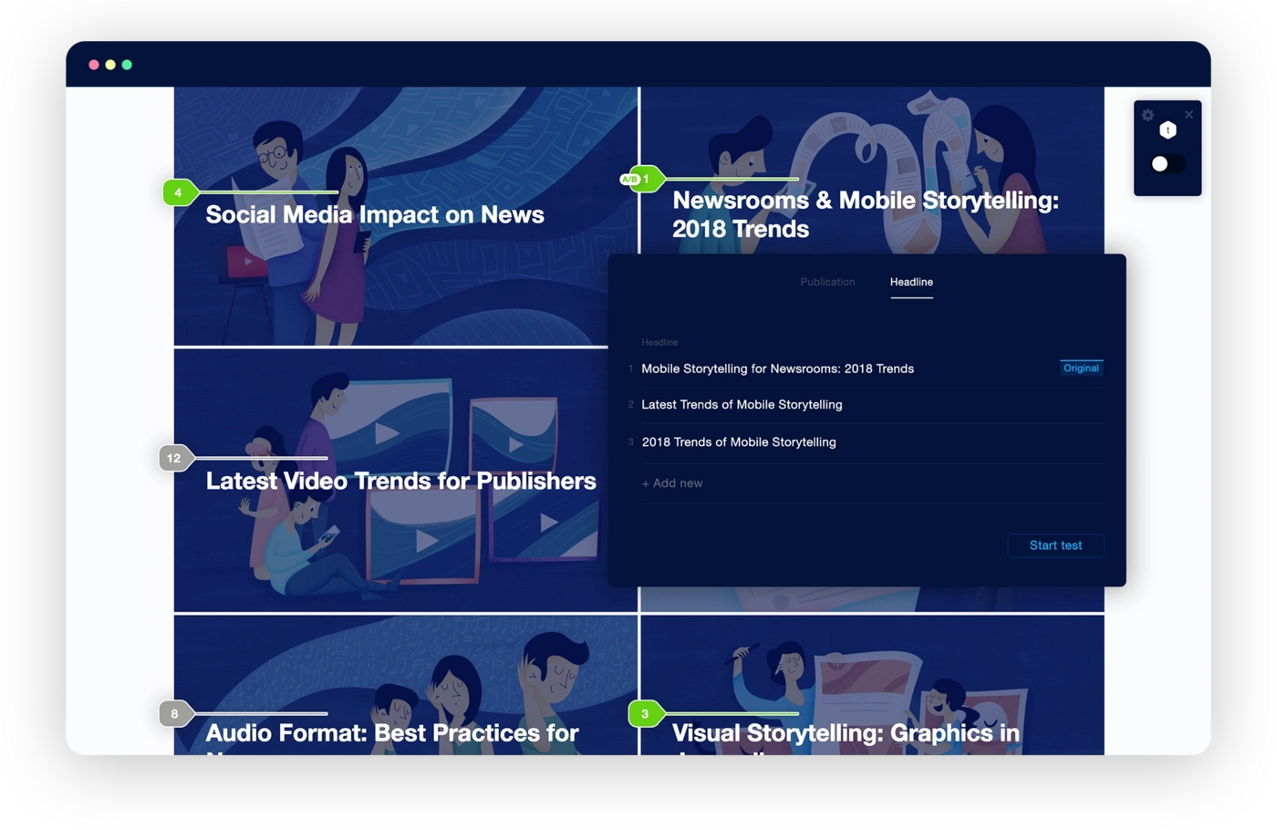 Different headline variants participating in the test