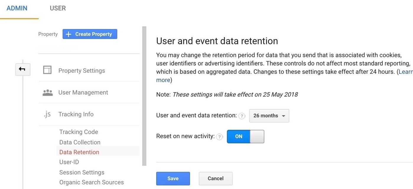 User and event data retention in Google Analytics