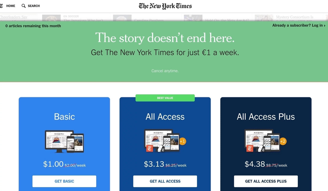 The New York Times metered paywall screenshot