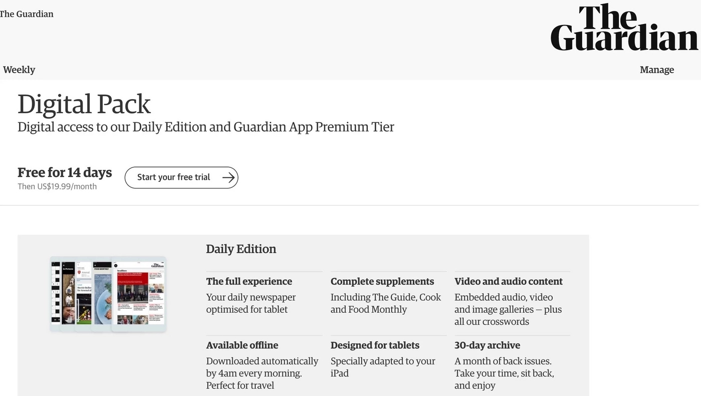 The Guardian Digital pack as an example of the freemium paywall