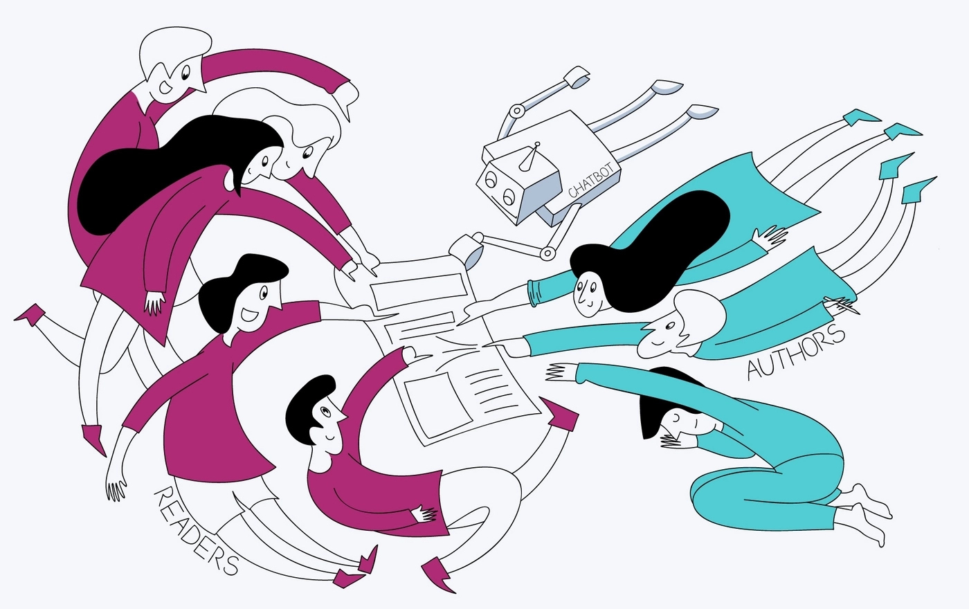 How do audience and authors and chatbots interact in media